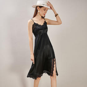 剩S 芳外夏季醋酸吊带裙蕾丝拼接开衩性感锁骨无袖连衣裙