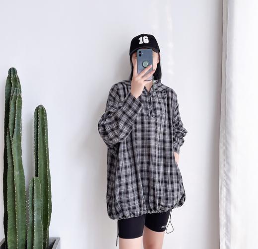 2021夏季新款格子连帽连衣裙女长袖抽绳 商品图2