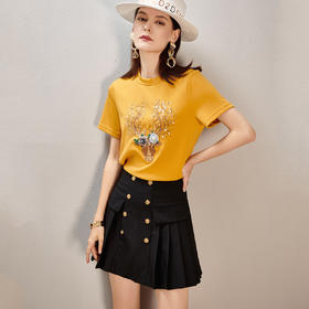 夏季时尚套装刺绣短袖T恤百褶A字半裙两件套