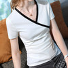 短袖t恤新款女装时髦撞色棉体恤气质交叉v领收腰上衣SG-T2X0079 商品缩略图1