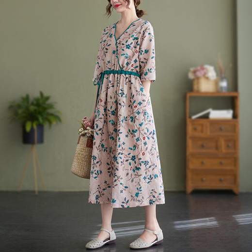 GYH  006复古文艺V领碎花连衣裙收腰气质裙 商品图3