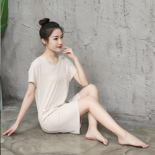 V领家居裙 M-XL 棕色条纹 商品图0