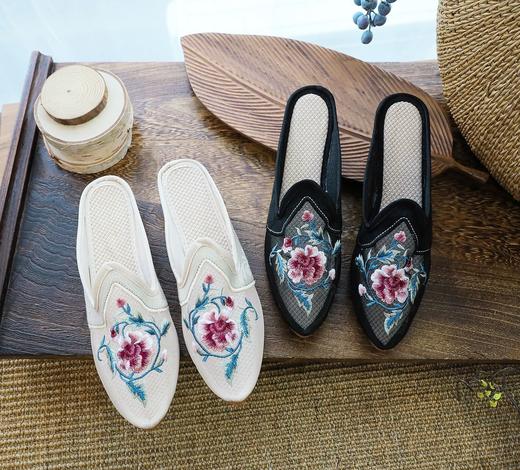【芍药】牛筋底平底网纱绣花拖鞋 YR 商品图0