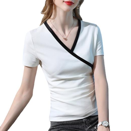 短袖t恤新款女装时髦撞色棉体恤气质交叉v领收腰上衣SG-T2X0079 商品图4