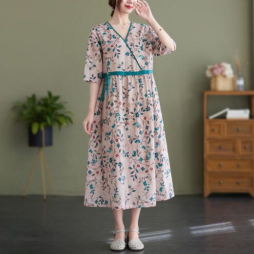 GYH  006复古文艺V领碎花连衣裙收腰气质裙 商品图1