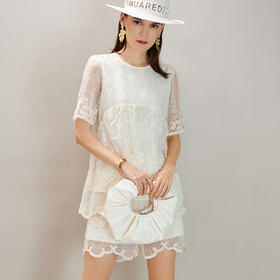 剩S/M 芳外蕾丝小衫套装夏季蕾丝小衫短裤宽松直筒女式套装