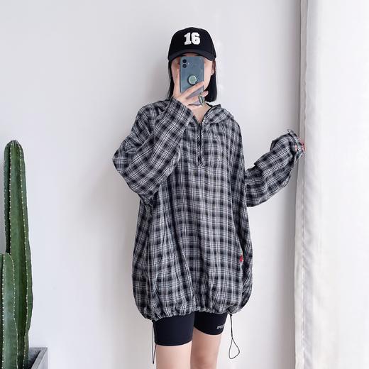 2021夏季新款格子连帽连衣裙女长袖抽绳 商品图0