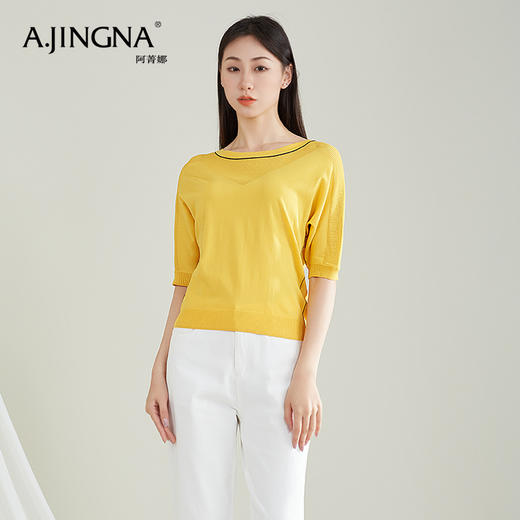 【特价不退换】阿菁娜圆领半袖针织衫黄色短袖套头上衣A26X301026 商品图3