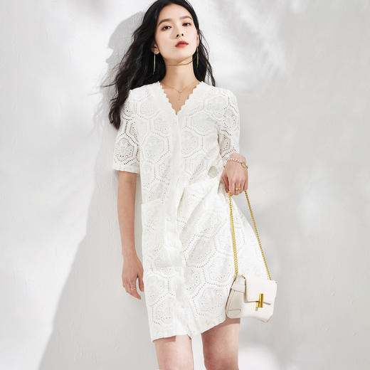 芳外镂空蕾丝开衫裙2夏季新款镂空蕾丝淑女V领开衫连衣裙 商品图1