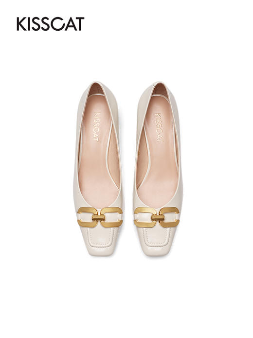 接吻猫高跟鞋2022春季新款通勤鞋子真皮金属扣舒适羊皮方头单鞋女32171-50 商品图3