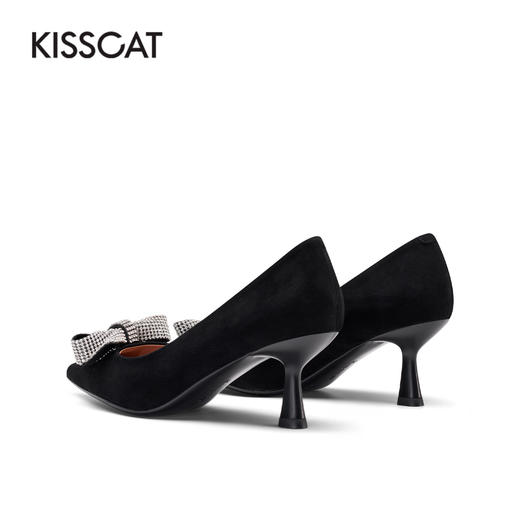 接吻猫2022春季新款闪钻蝴蝶结舒适婚鞋优雅尖头高跟鞋浅口单鞋女32126-10 商品图3