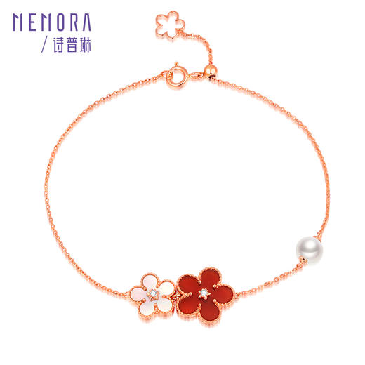 MEMORA诗普琳勿忘我玫瑰色18K金贝母珍珠钻石双花手链KB224201 商品图5