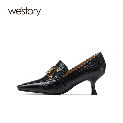 westory石纹金属扣高跟鞋22年新款小猫跟深口单鞋纯色真皮高跟鞋W21CM71671 商品图1
