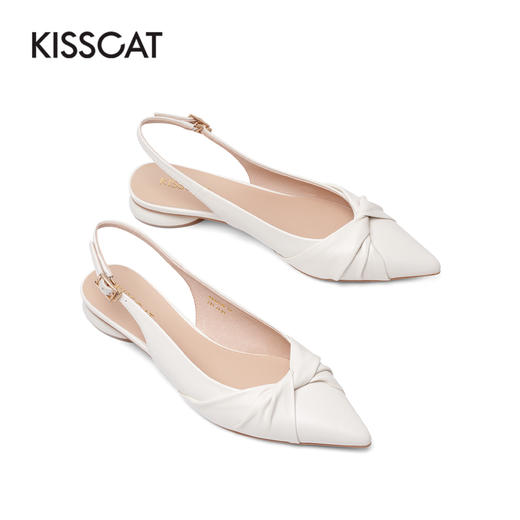 接吻猫女鞋2022春夏季新款真皮后空凉鞋舒适尖头平底浅口单鞋女32128-12 商品图5