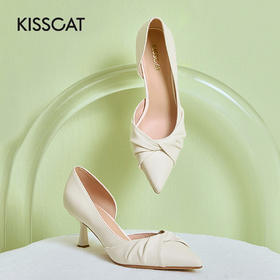 接吻猫2022春夏新款时尚仙女风温柔气质褶皱尖头细跟高跟鞋单鞋女32126-13