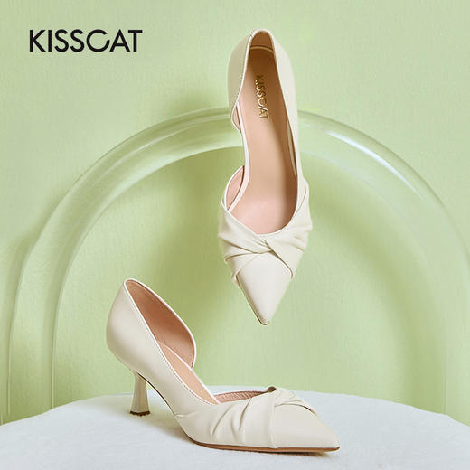 接吻猫2022春夏新款时尚仙女风温柔气质褶皱尖头细跟高跟鞋单鞋女32126-13 商品图0