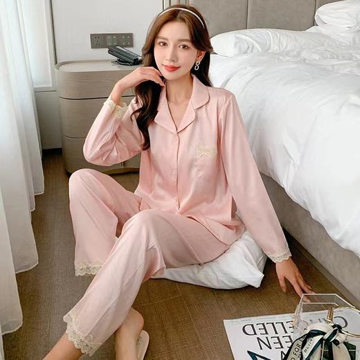 2022年新款睡衣女夏季冰丝长袖纯色蕾丝家居服套装 商品图6