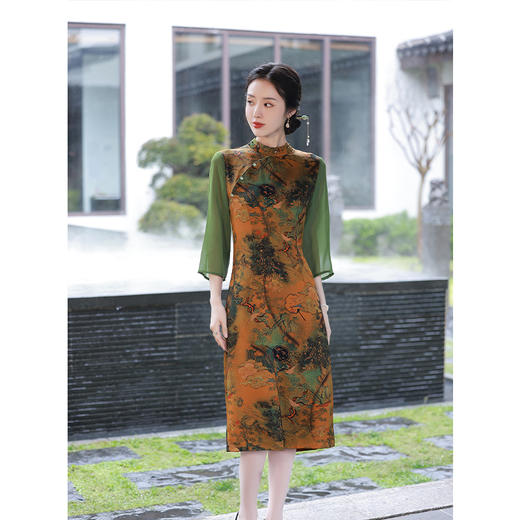 舒适百搭，仿香云纱印花立领修身中长款旗袍JLM-2247 商品图0