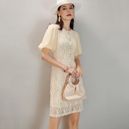 剩S 芳外优雅蕾丝裙夏季纽花设计淑女泡泡袖连衣裙 商品图1