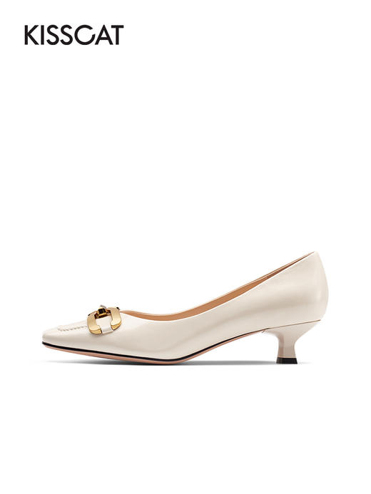 接吻猫高跟鞋2022春季新款通勤鞋子真皮金属扣舒适羊皮方头单鞋女32171-50 商品图2