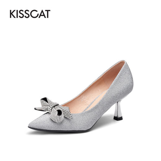 接吻猫2022春季新款闪钻蝴蝶结舒适婚鞋优雅尖头高跟鞋浅口单鞋女32126-10 商品图0