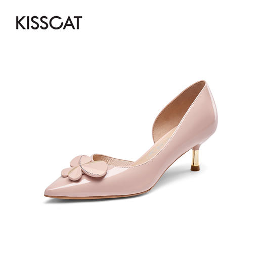 接吻猫2022年春夏季新款漆皮女鞋高跟鞋四叶草饰扣尖头浅口单鞋女32103-17 商品图2