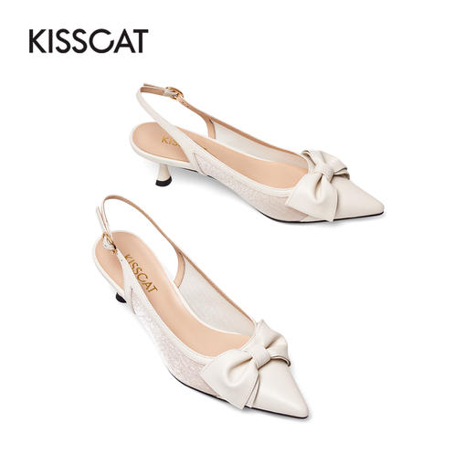 接吻猫中跟凉鞋女2022年夏季新款透气蝴蝶结尖头细跟后空时装单鞋32170-50 商品图4