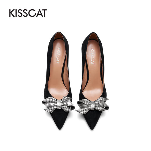 接吻猫2022春季新款闪钻蝴蝶结舒适婚鞋优雅尖头高跟鞋浅口单鞋女32126-10 商品图4