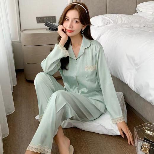 2022年新款睡衣女夏季冰丝长袖纯色蕾丝家居服套装 商品图9