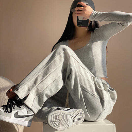 碳灰色拼白边运动裤女春季新款宽松显瘦休闲阔腿裤抽绳直筒开叉裤 商品图2