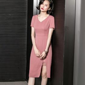皖儿纯色前开叉V领中长裙气质淑女修身连衣裙