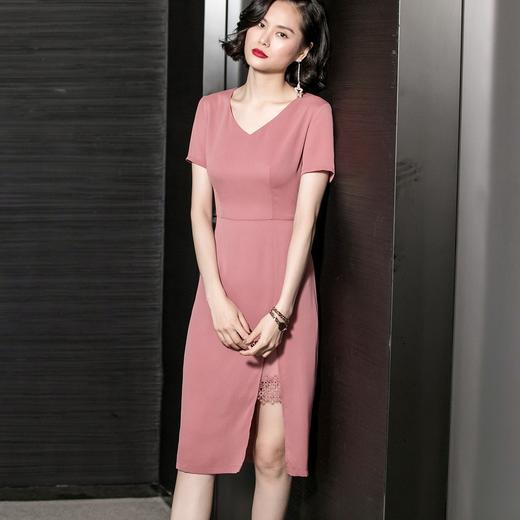 皖儿纯色前开叉V领中长裙气质淑女修身连衣裙 商品图0