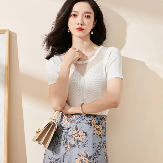 米思阳2025秋夏新款简约白色针织T恤小性感半透露肩短袖上衣0882 商品图2