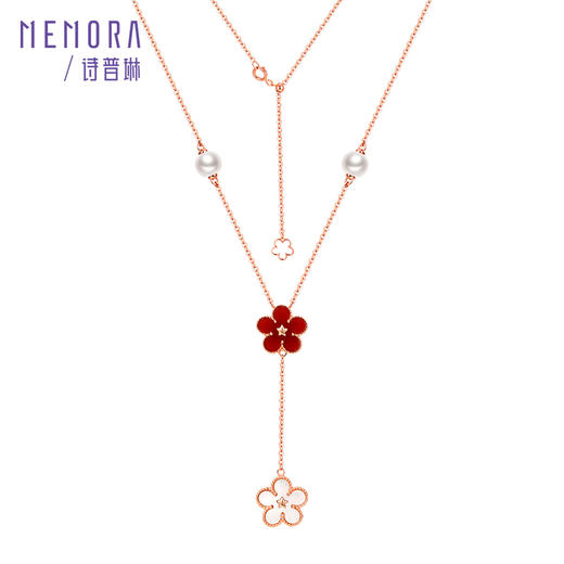 MEMORA诗普琳勿忘我系列玫瑰18K金红玛瑙贝母珍珠钻石双花项链套链(约2.3g)KN302201 商品图6