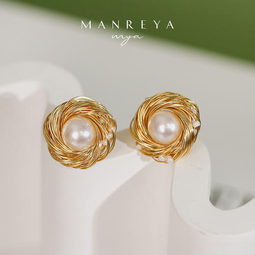 Manreya玛芮雅「太阳花」珍珠金属绕线耳钉女法式小众轻奢耳饰耳夹 商品图2