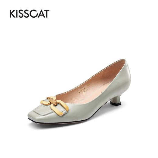 接吻猫高跟鞋2022春季新款通勤鞋子真皮金属扣舒适羊皮方头单鞋女32171-50 商品图6