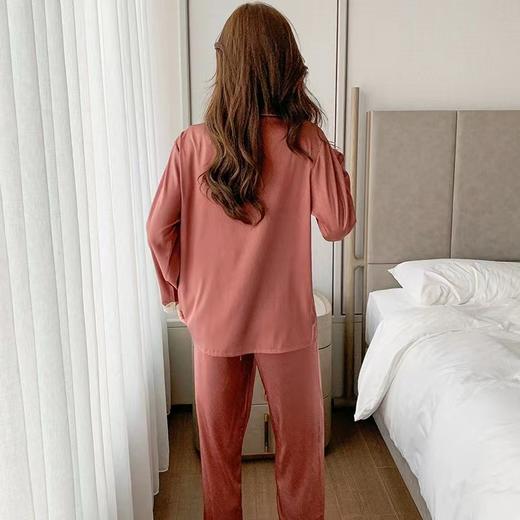 2022年新款睡衣女夏季冰丝长袖纯色蕾丝家居服套装 商品图13