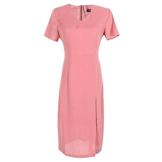 皖儿纯色前开叉V领中长裙气质淑女修身连衣裙 商品图1