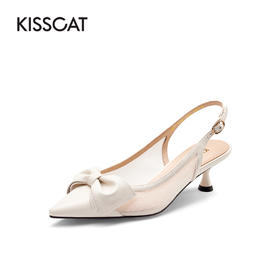 接吻猫中跟凉鞋女2022年夏季新款透气蝴蝶结尖头细跟后空时装单鞋32170-50