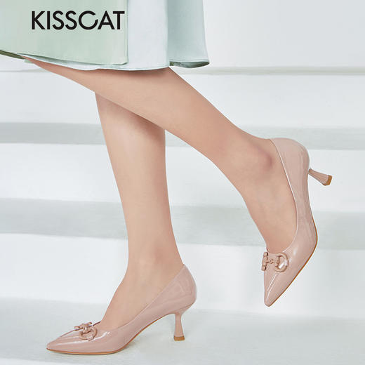 接吻猫女鞋2022春夏季舒适通勤马衔扣高跟鞋漆皮尖头浅口单鞋女32126-12 商品图0