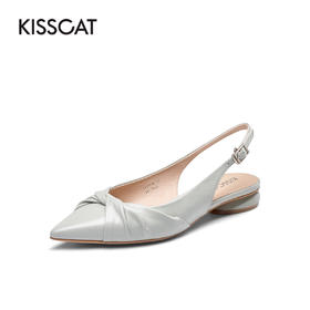 接吻猫女鞋2022春夏季新款真皮后空凉鞋舒适尖头平底浅口单鞋女32128-12