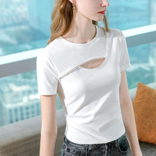 别致设计感短袖t恤，串珠镂空性感棉T恤收腰上衣SG-T2X2277 商品图1