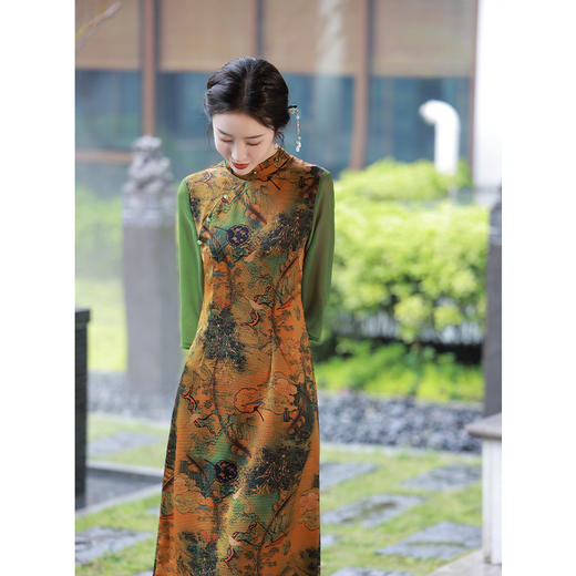 舒适百搭，仿香云纱印花立领修身中长款旗袍JLM-2247 商品图2