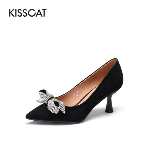 接吻猫2022春季新款闪钻蝴蝶结舒适婚鞋优雅尖头高跟鞋浅口单鞋女32126-10 商品图1