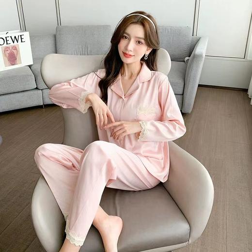 2022年新款睡衣女夏季冰丝长袖纯色蕾丝家居服套装 商品图2