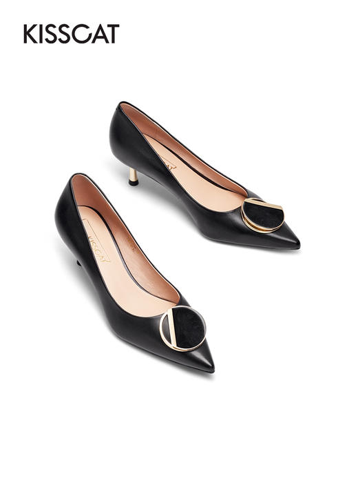 接吻猫高跟鞋女2022春夏季新款简约饰扣通勤羊皮细跟尖头浅口单鞋32103-14 商品图4