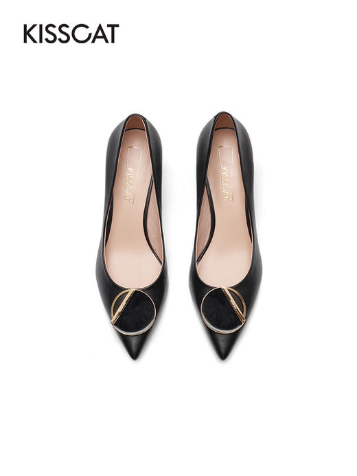 接吻猫高跟鞋女2022春夏季新款简约饰扣通勤羊皮细跟尖头浅口单鞋32103-14 商品图5