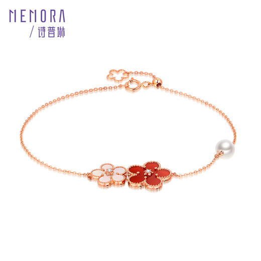 MEMORA诗普琳勿忘我玫瑰色18K金贝母珍珠钻石双花手链KB224201 商品图7