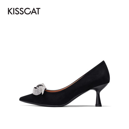 接吻猫2022春季新款闪钻蝴蝶结舒适婚鞋优雅尖头高跟鞋浅口单鞋女32126-10 商品图5