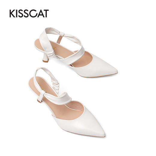 接吻猫2022夏季新款气质羊皮缠绕带褶皱显瘦尖头高跟时装凉鞋女32126-14 商品图3